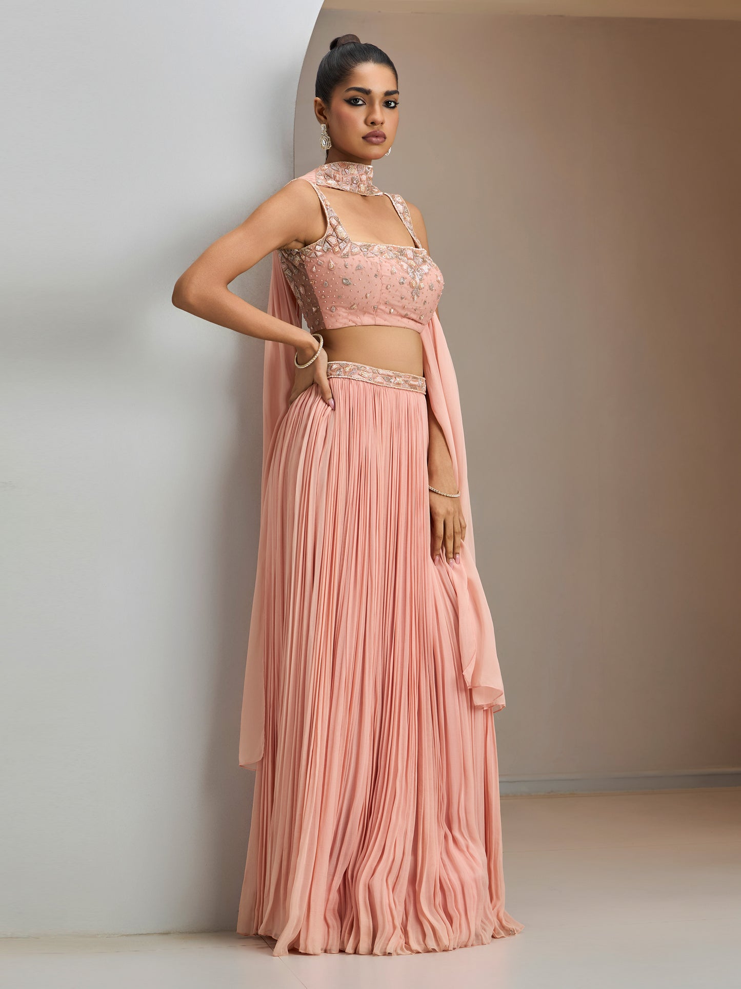 Old Rose Skirt Set With Square Neck Blouse And Choker Dupatta