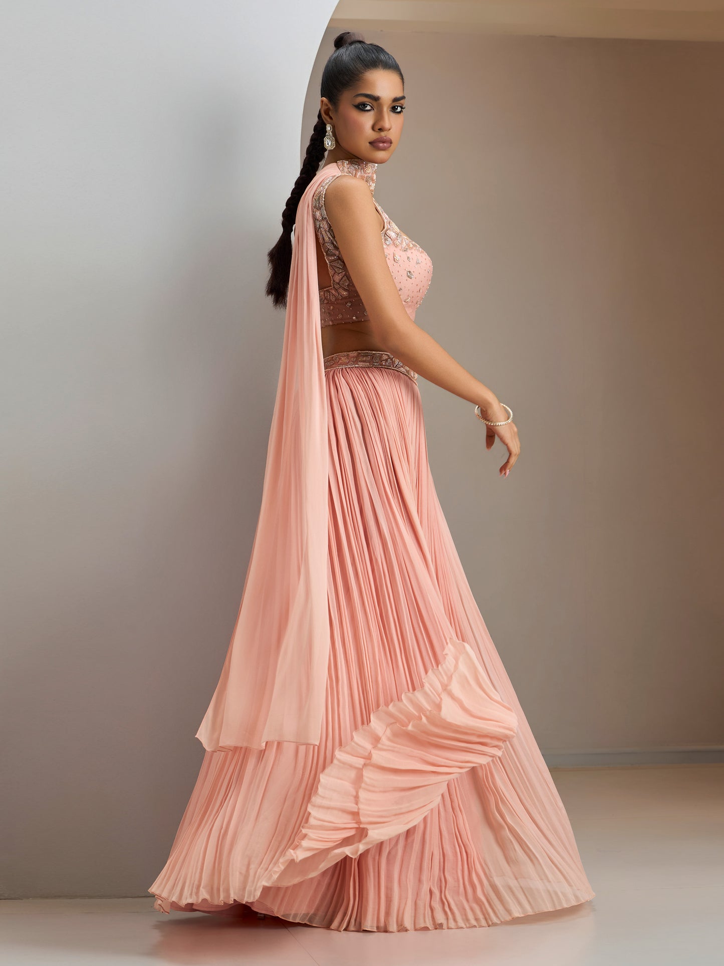 Old Rose Skirt Set With Square Neck Blouse And Choker Dupatta