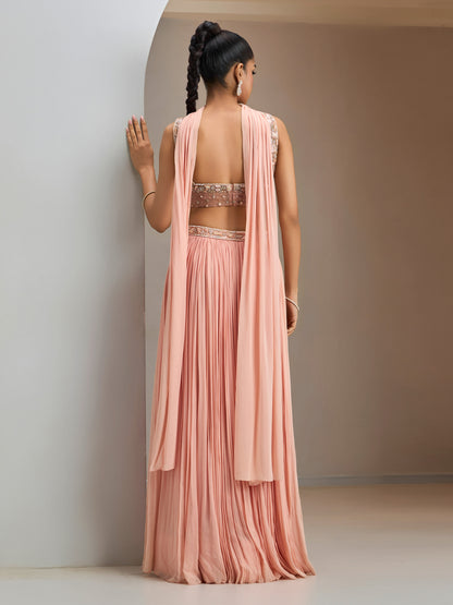 Old Rose Skirt Set With Square Neck Blouse And Choker Dupatta