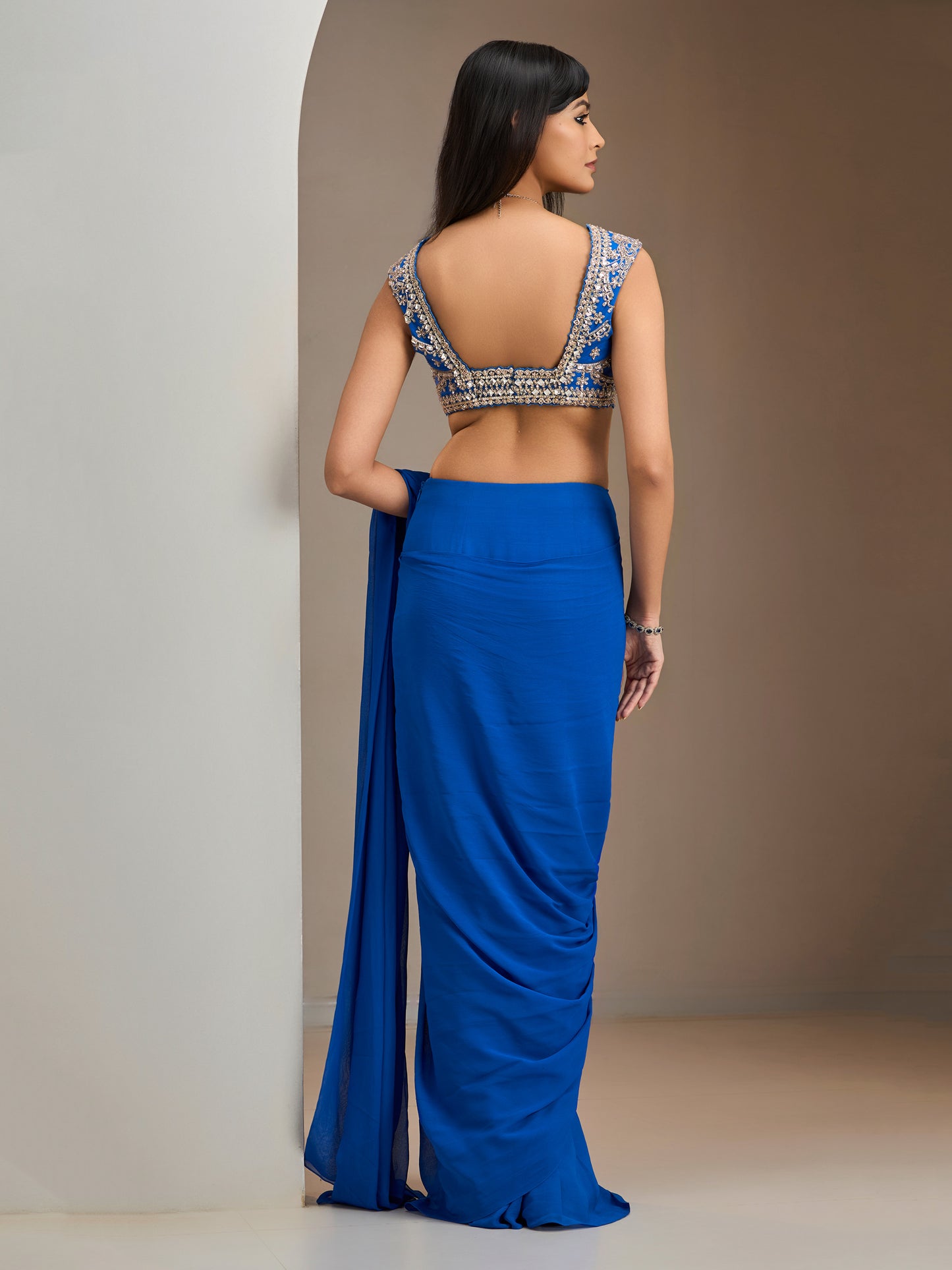 Electric Blue Net Blouse With Pre-Stitched Saree With Belt