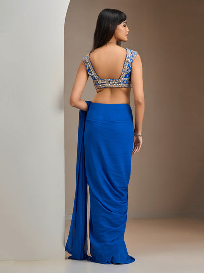 Electric Blue Net Blouse With Pre-Stitched Saree With Belt