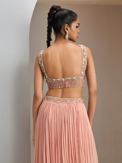 Old Rose Skirt Set With Square Neck Blouse And Choker Dupatta