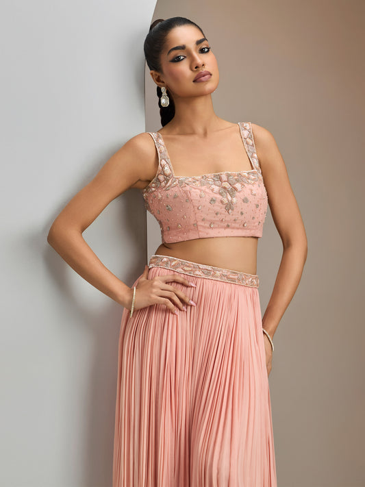 Old Rose Skirt Set With Square Neck Blouse And Choker Dupatta