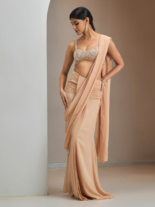 Nude Hand Embroidered Blouse With Pre-Stitched Saree