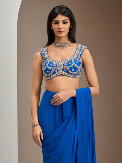 Electric Blue Net Blouse With Pre-Stitched Saree With Belt