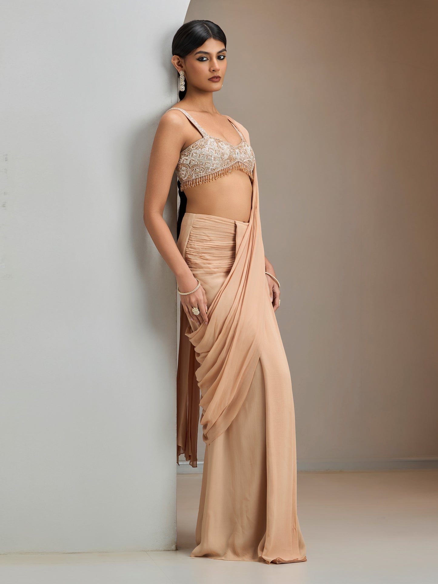 Nude Hand Embroidered Blouse With Pre-Stitched Saree