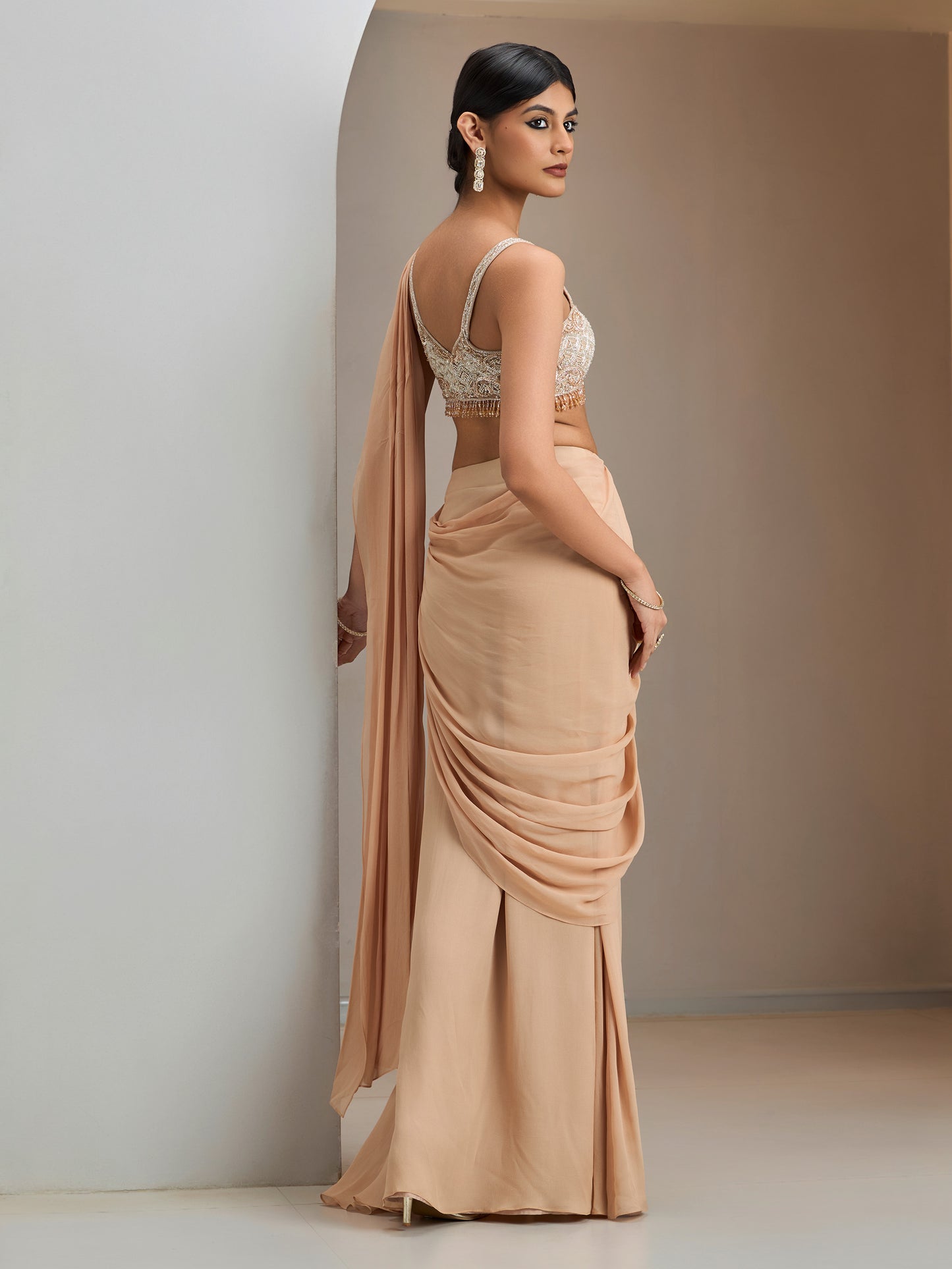 Nude Hand Embroidered Blouse With Pre-Stitched Saree