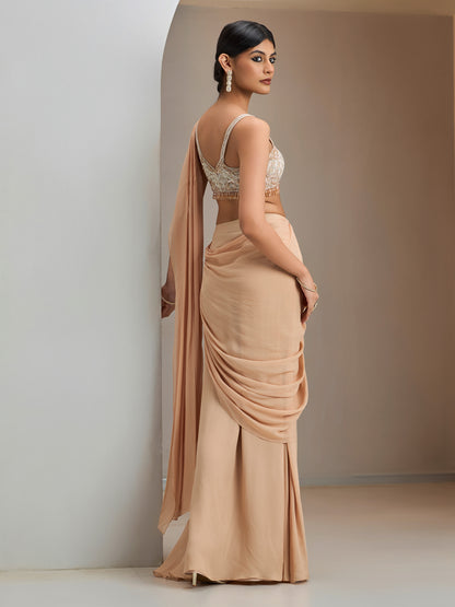 Nude Hand Embroidered Blouse With Pre-Stitched Saree