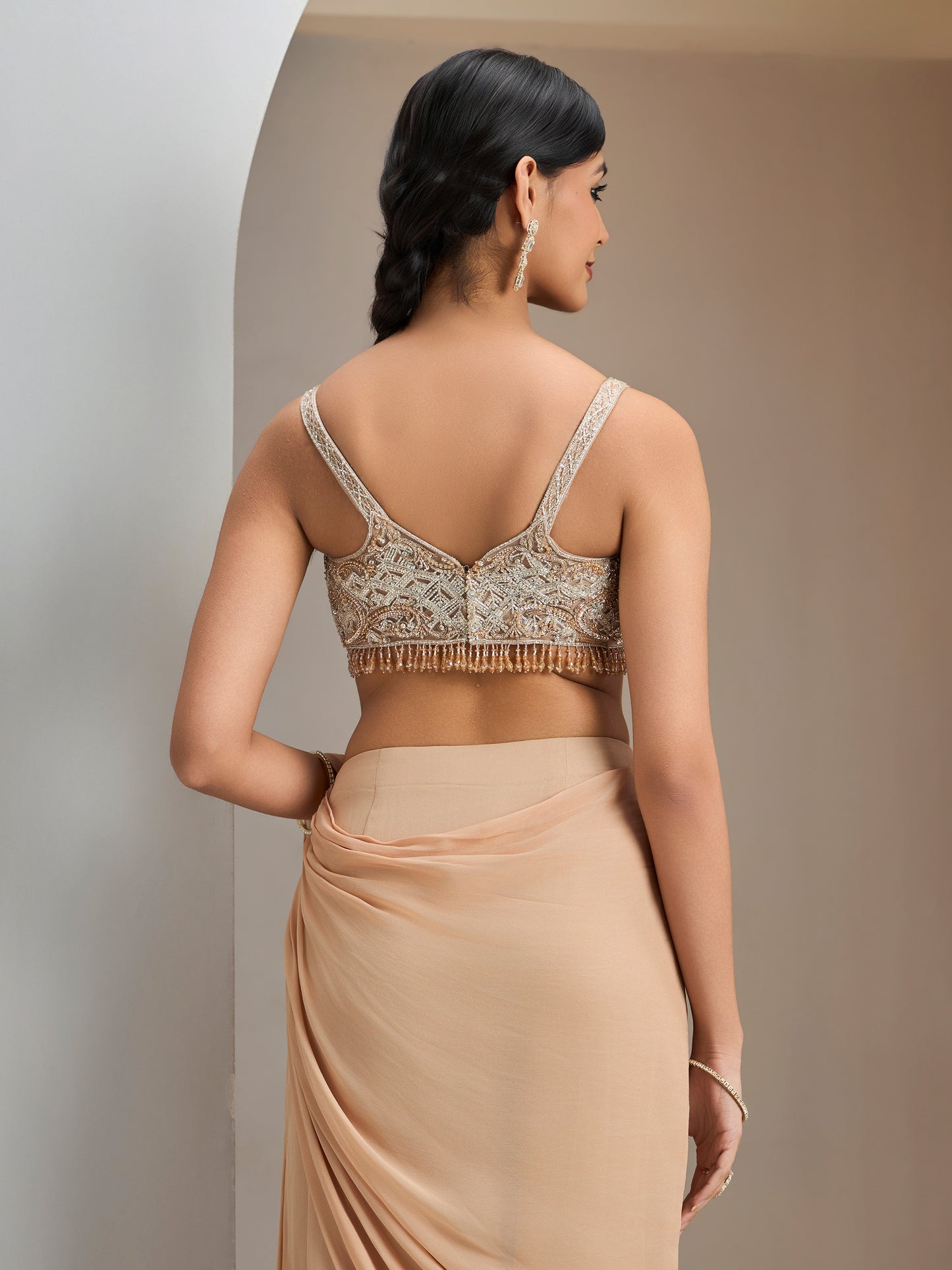 Nude Hand Embroidered Blouse With Pre-Stitched Saree