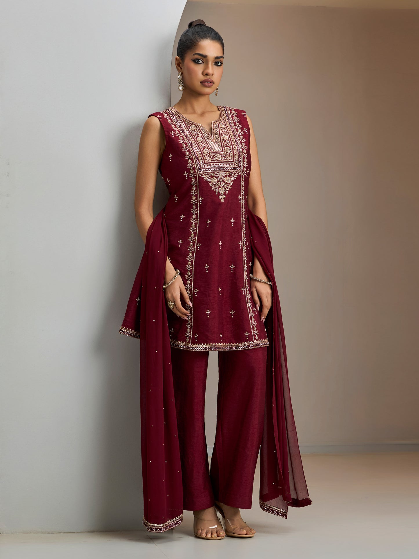 Maroon Tunic Kurta With Dupatta And Pant