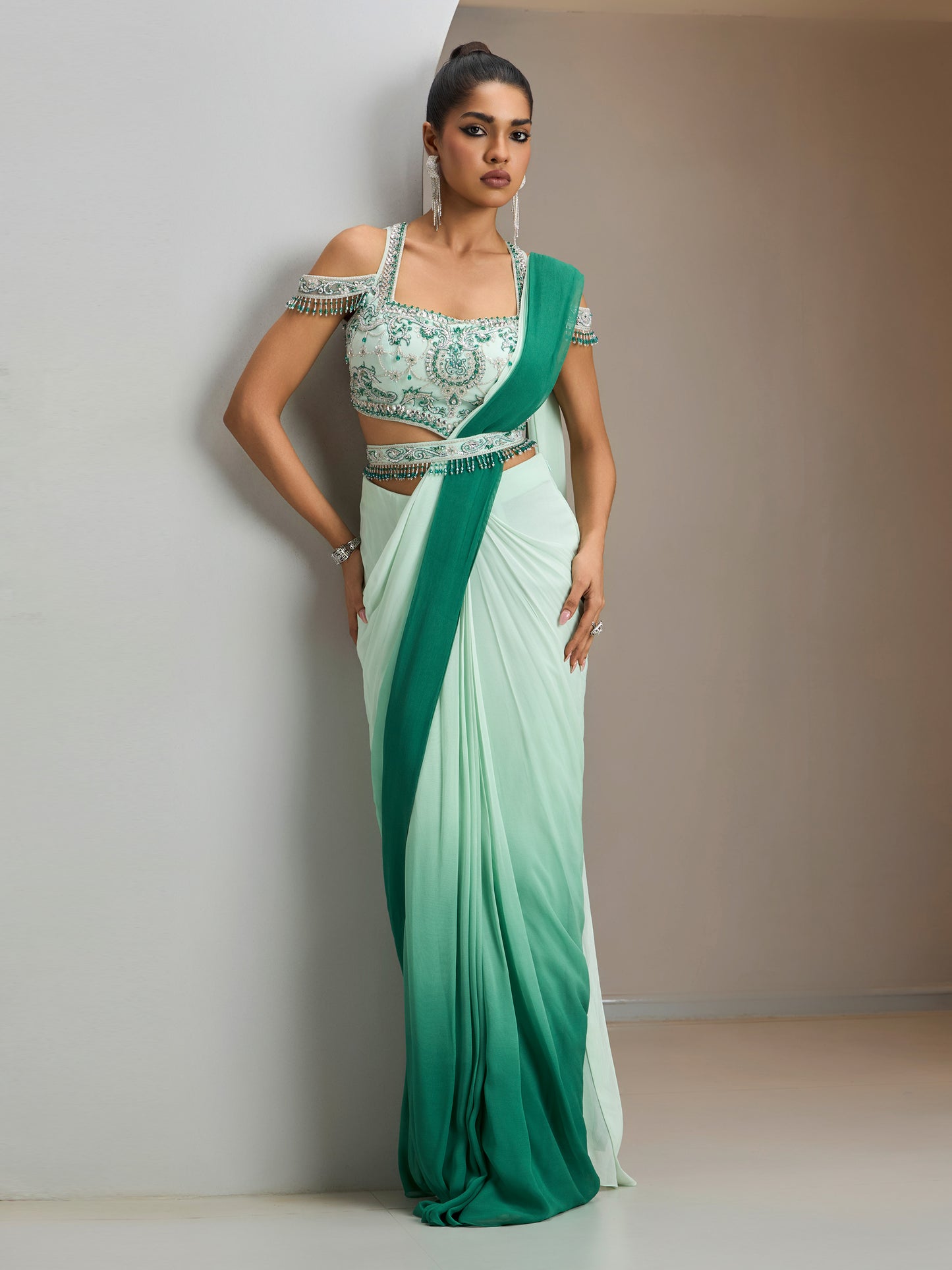 Green Net Blouse With Green Ombre Georgette Saree With Belt