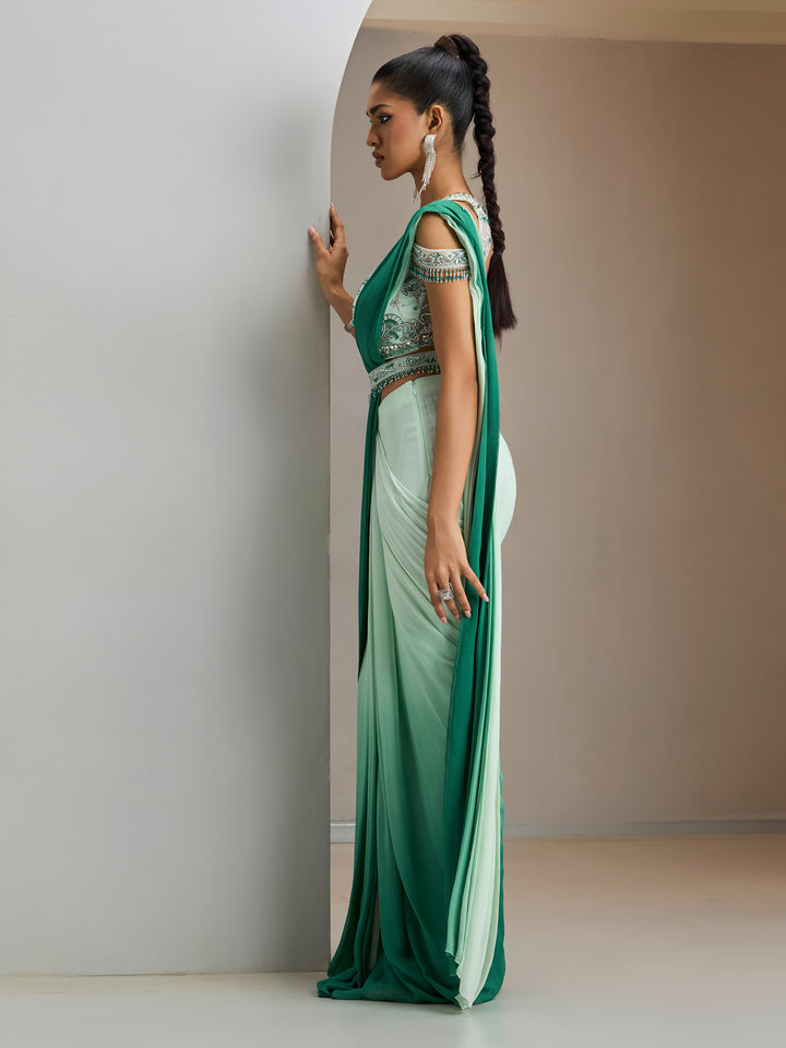 Green Net Blouse With Green Ombre Georgette Saree With Belt