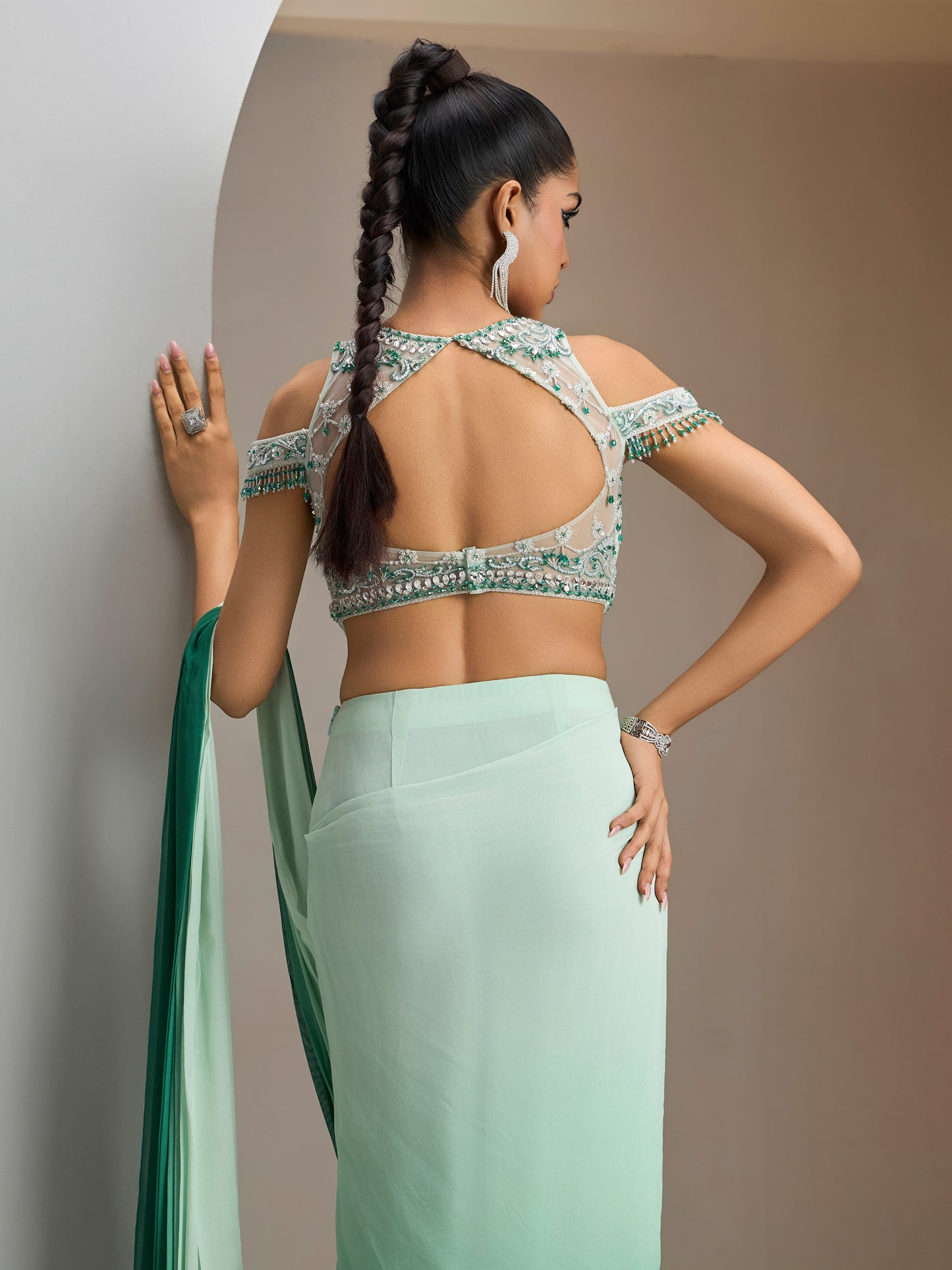 Green Net Blouse With Green Ombre Georgette Saree With Belt