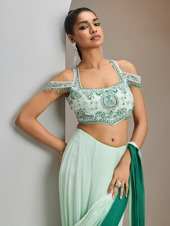 Green Net Blouse With Green Ombre Georgette Saree With Belt