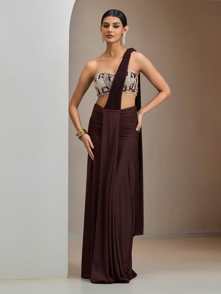 Chocolate Brown Stone Embroidered Blouse With Lycra Drape Saree