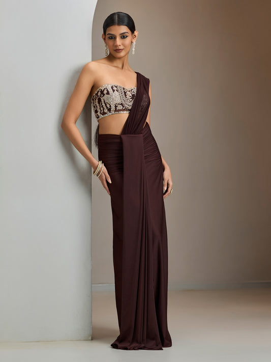 Chocolate Brown Stone Embroidered Blouse With Lycra Drape Saree