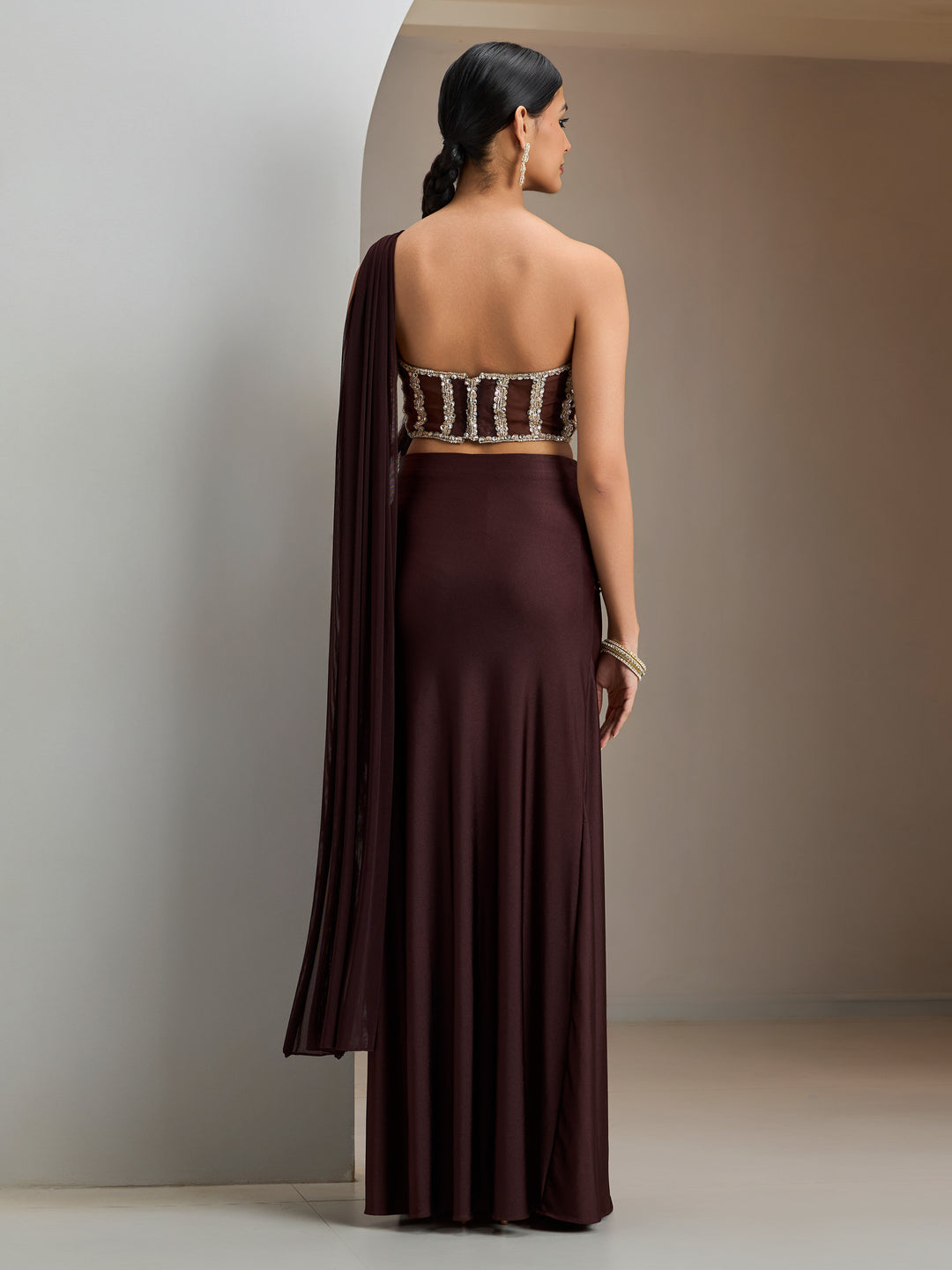 Chocolate Brown Stone Embroidered Blouse With Lycra Drape Saree
