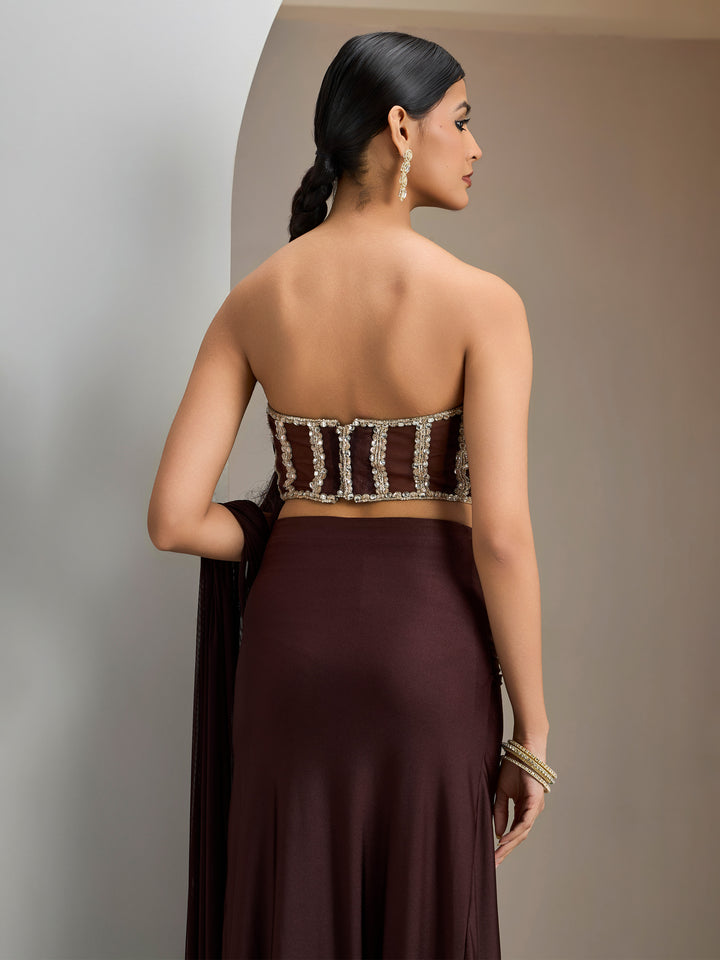 Chocolate Brown Stone Embroidered Blouse With Lycra Drape Saree