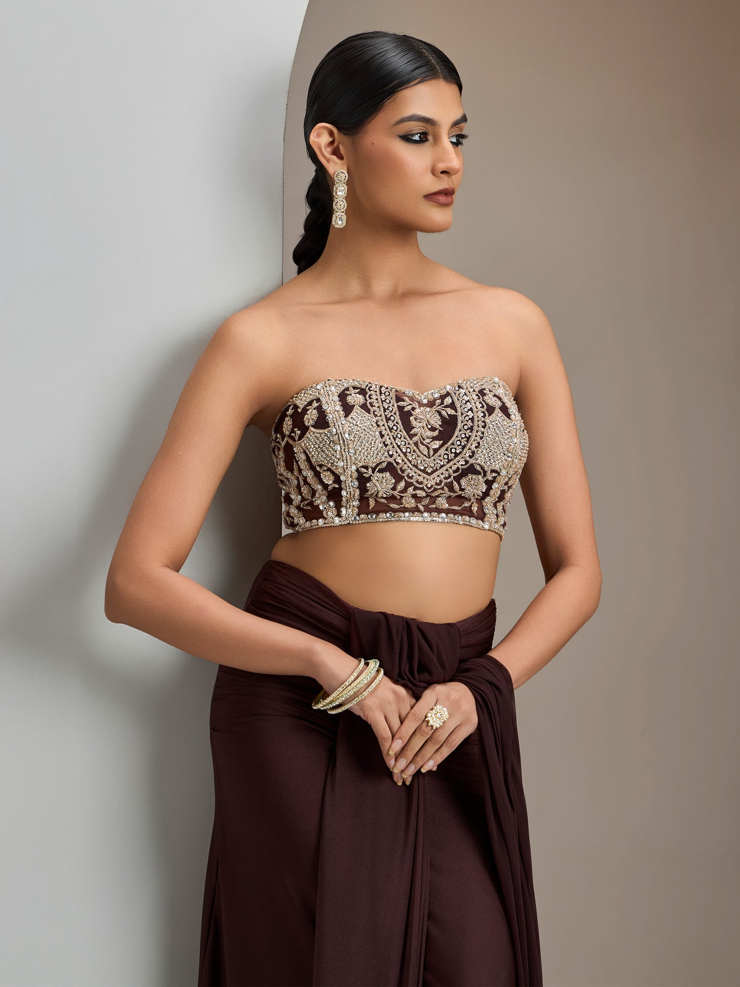 Chocolate Brown Stone Embroidered Blouse With Lycra Drape Saree