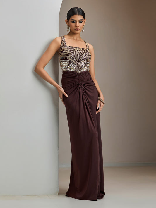 festive dresses online Cbazaar Women's Maxi Dress | Maroon Art Silk Foil Printed Maxi Dress | Maroon | Chic Style | Diwali | Classic Neck Style