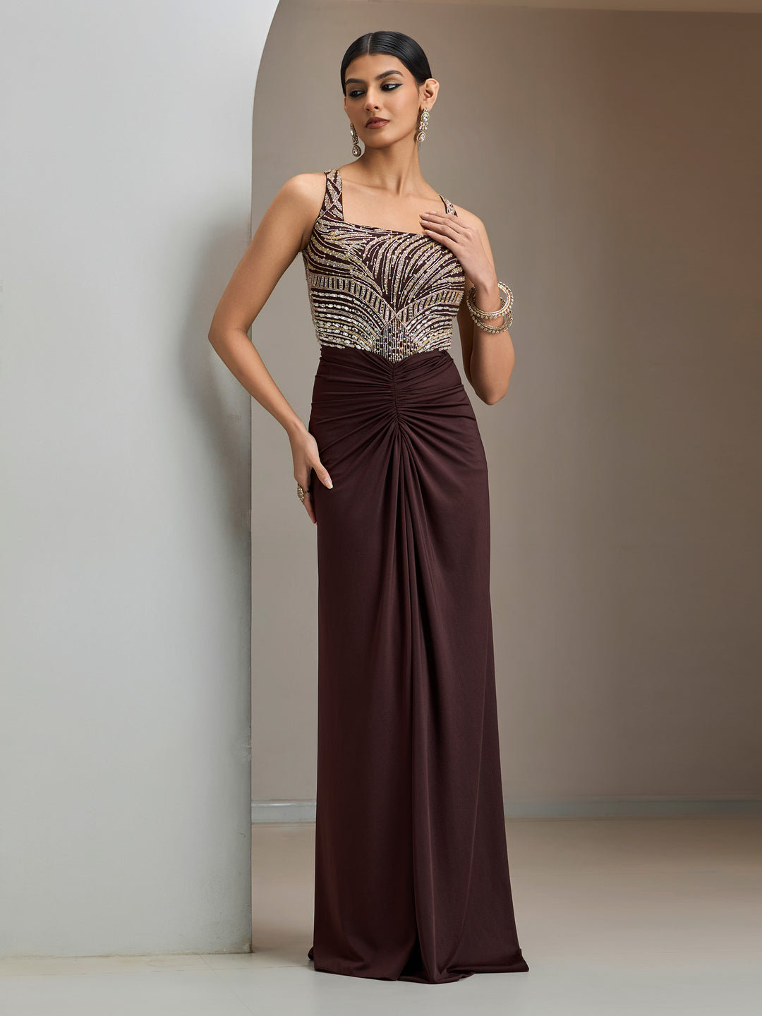 Chocolate Brown Stone Embroidered Gown