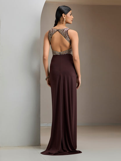 Chocolate Brown Stone Embroidered Gown