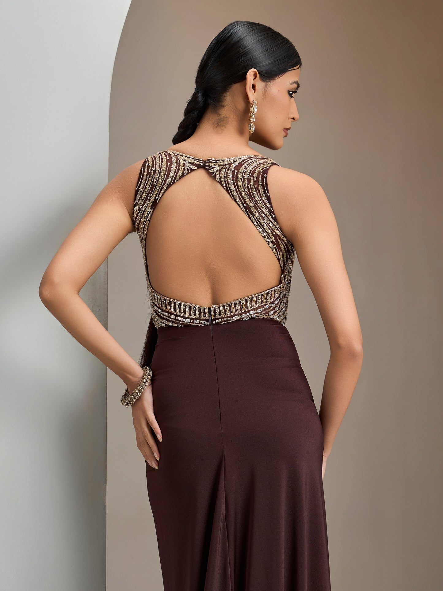 Chocolate Brown Stone Embroidered Gown