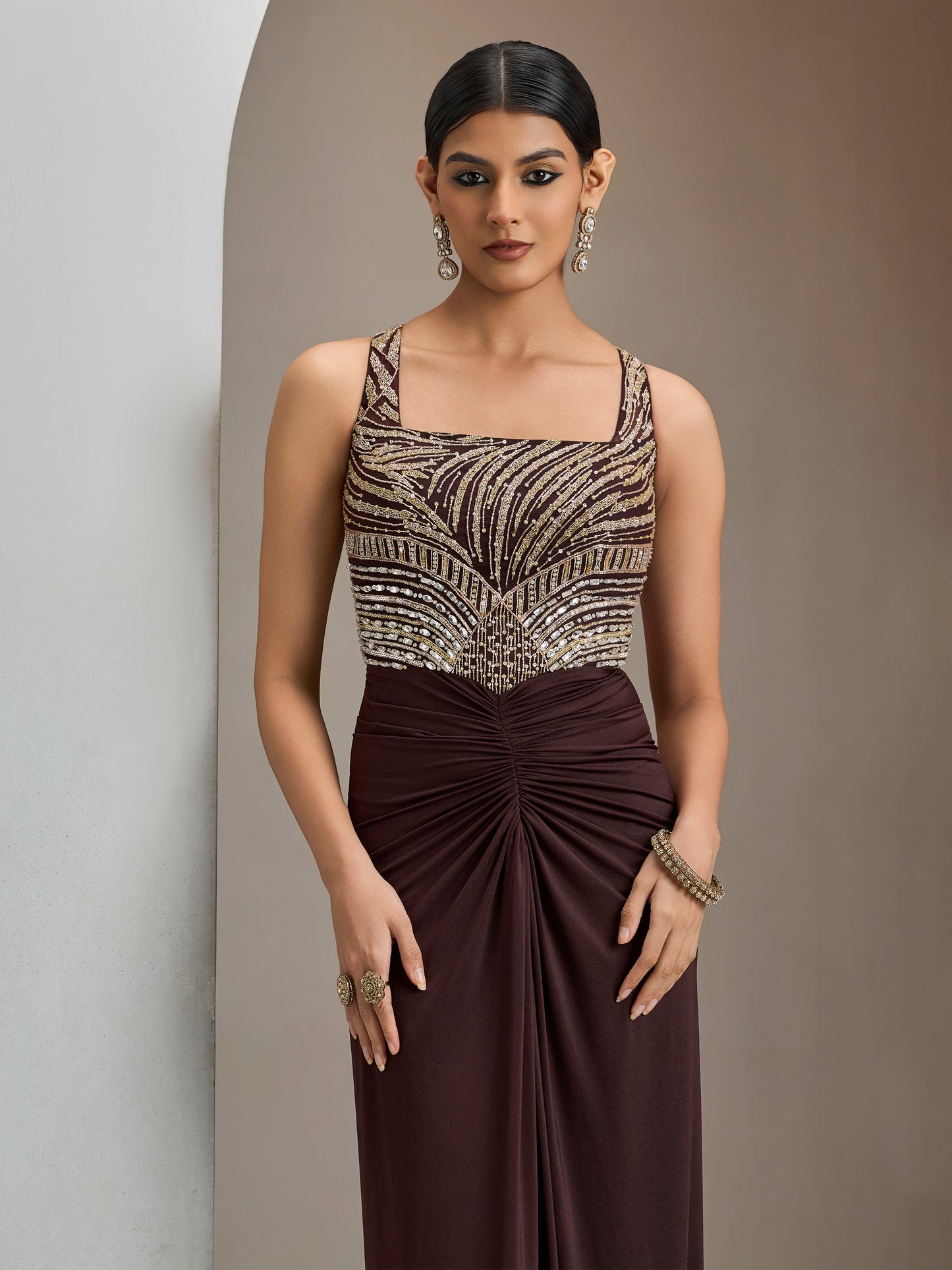Chocolate Brown Stone Embroidered Gown