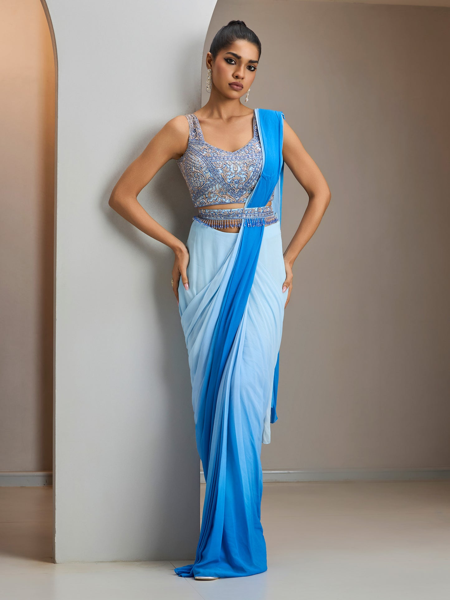 Blue Net Blouse With Blue Ombre Georgette Saree With Belt
