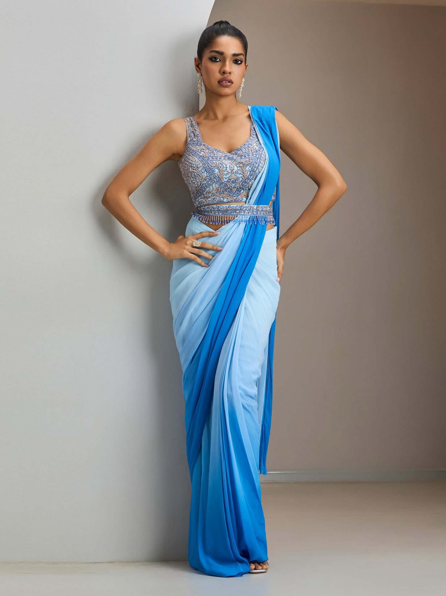 Blue Net Blouse With Blue Ombre Georgette Saree With Belt