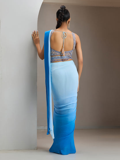 Blue Net Blouse With Blue Ombre Georgette Saree With Belt