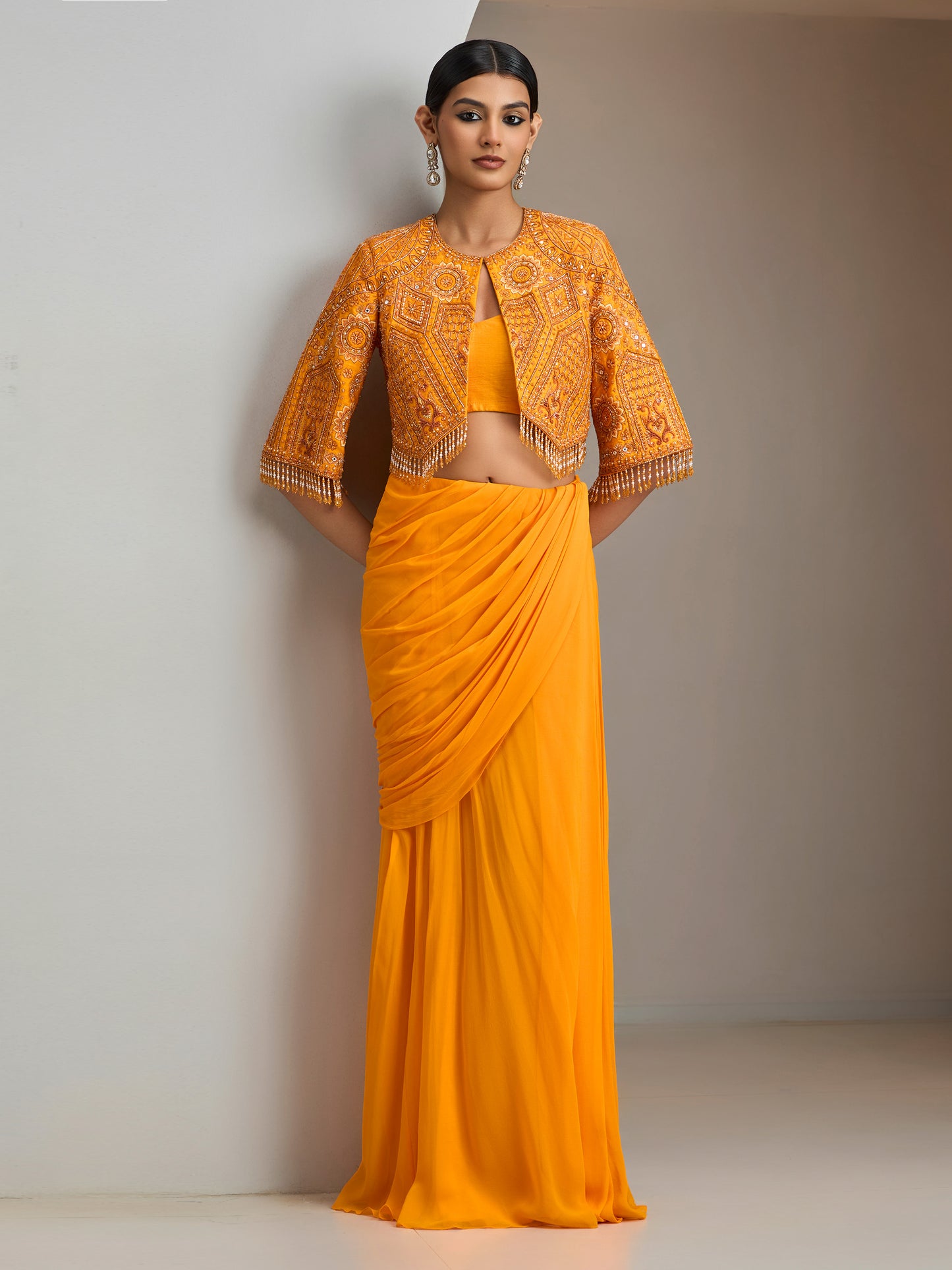 Sunset Orange Embroidered Jacket With Georgette Draped Skirt