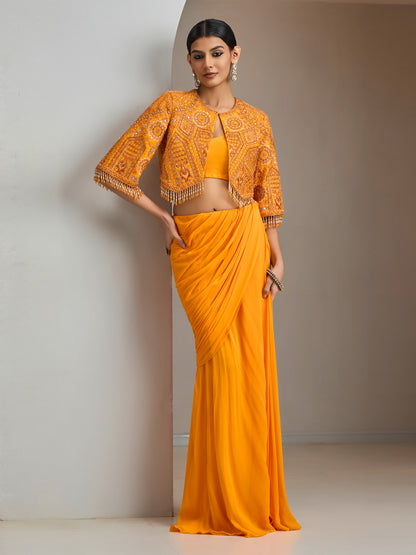 Sunset Orange Embroidered Jacket With Georgette Draped Skirt
