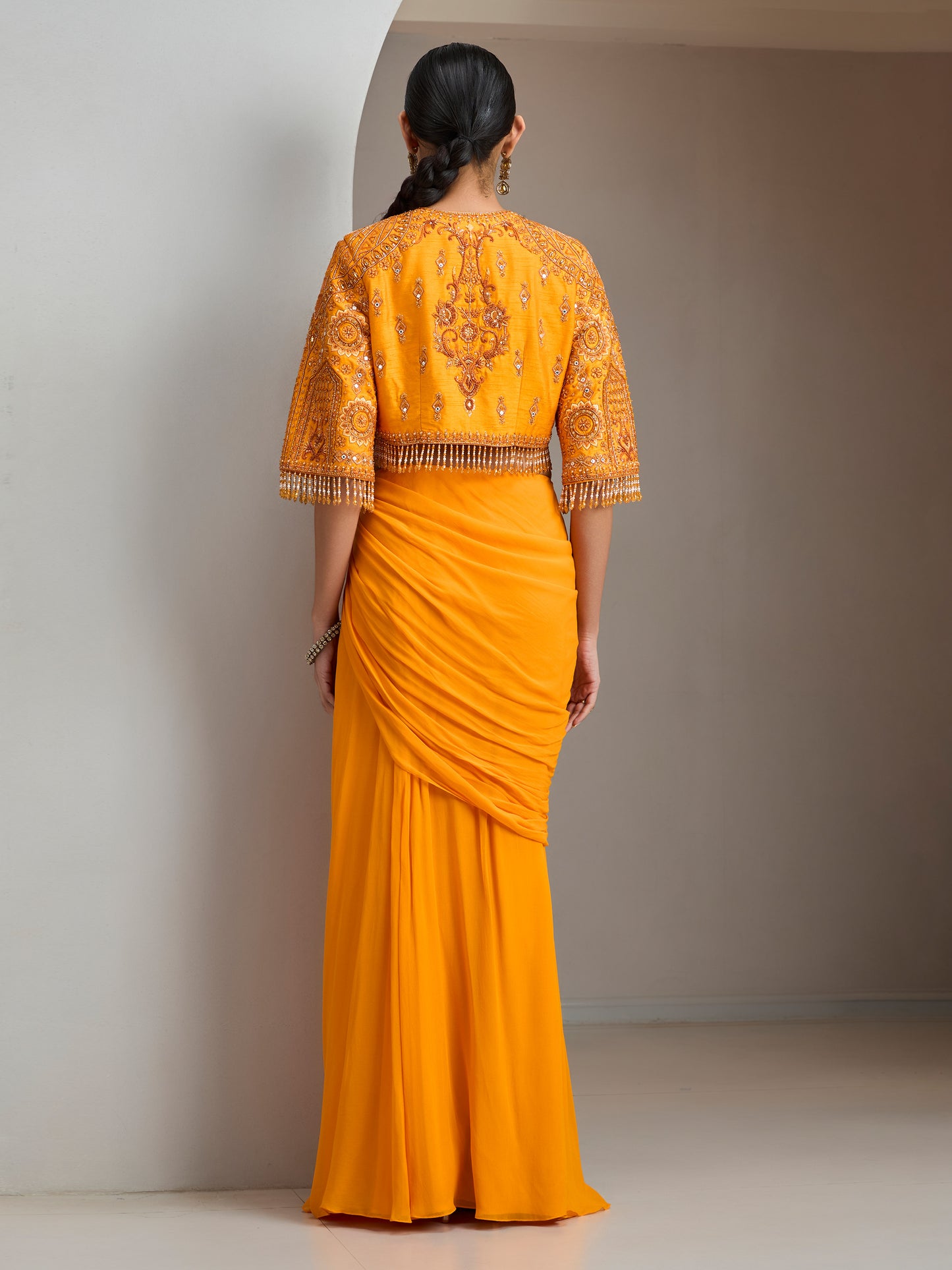 Sunset Orange Embroidered Jacket With Georgette Draped Skirt