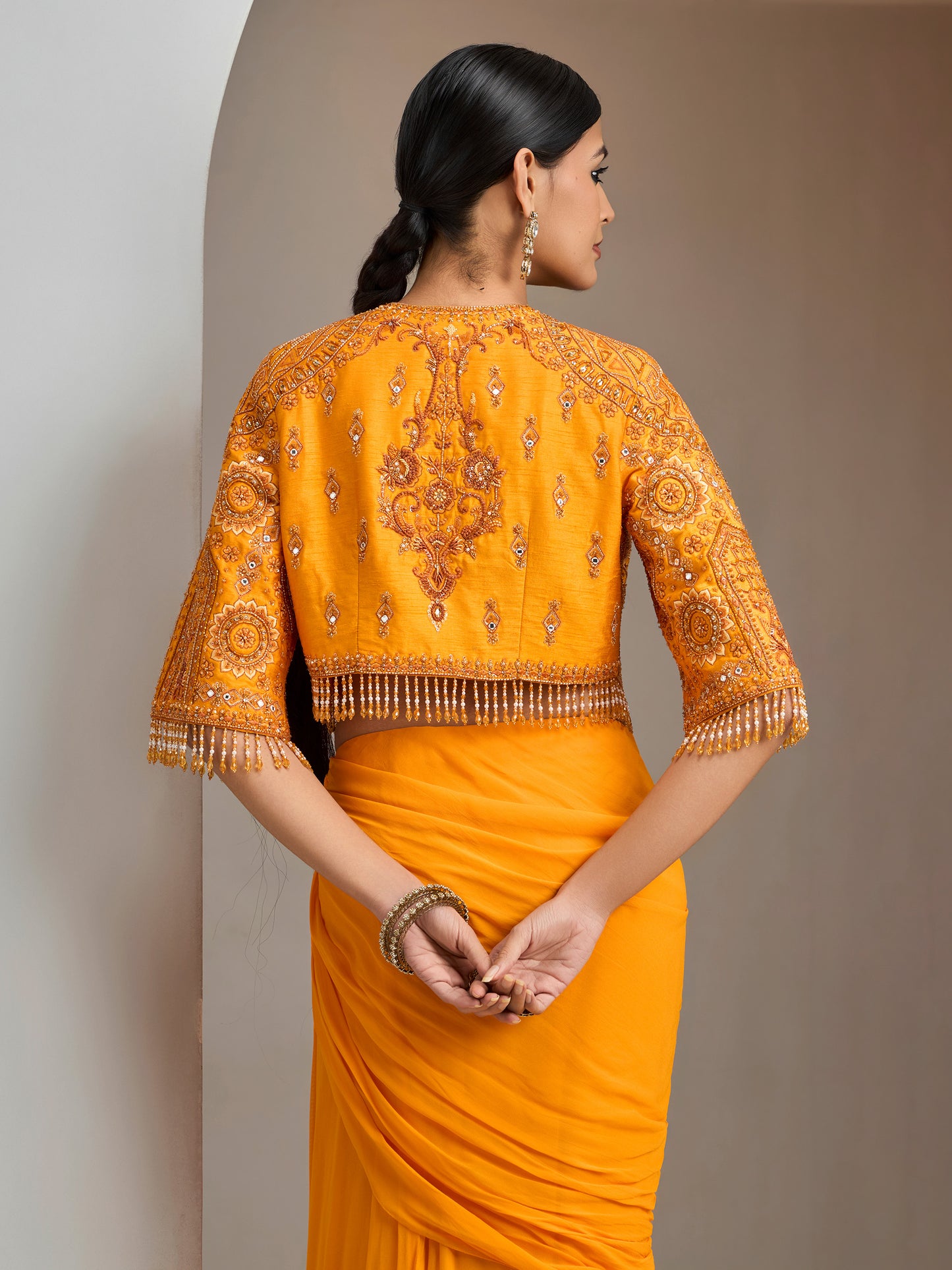 Sunset Orange Embroidered Jacket With Georgette Draped Skirt