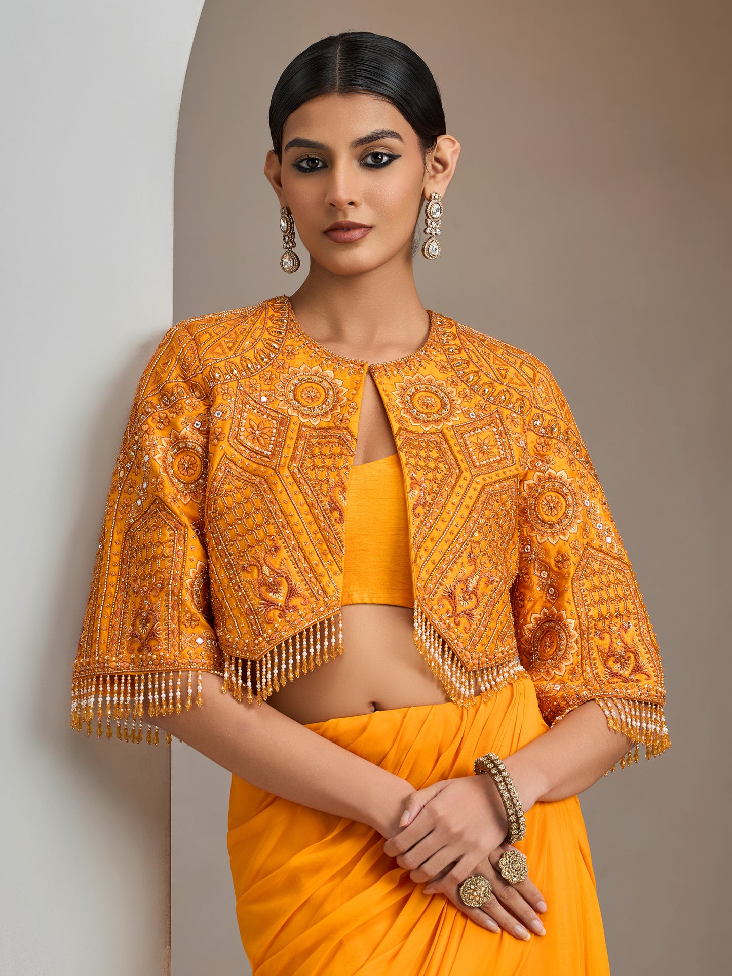 Sunset Orange Embroidered Jacket With Georgette Draped Skirt
