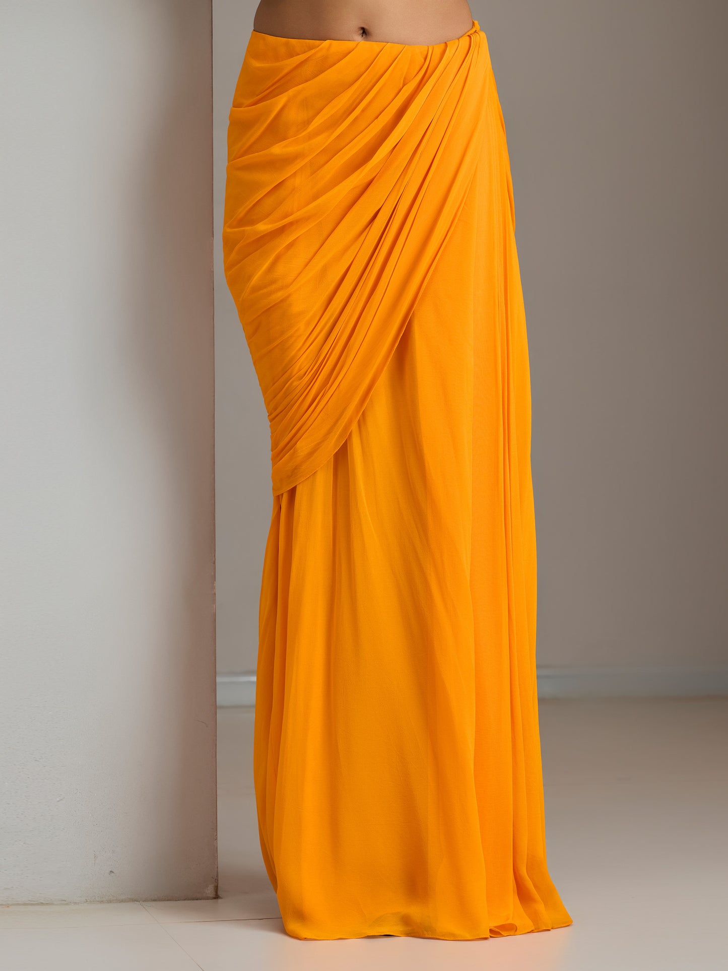 Sunset Orange Embroidered Jacket With Georgette Draped Skirt