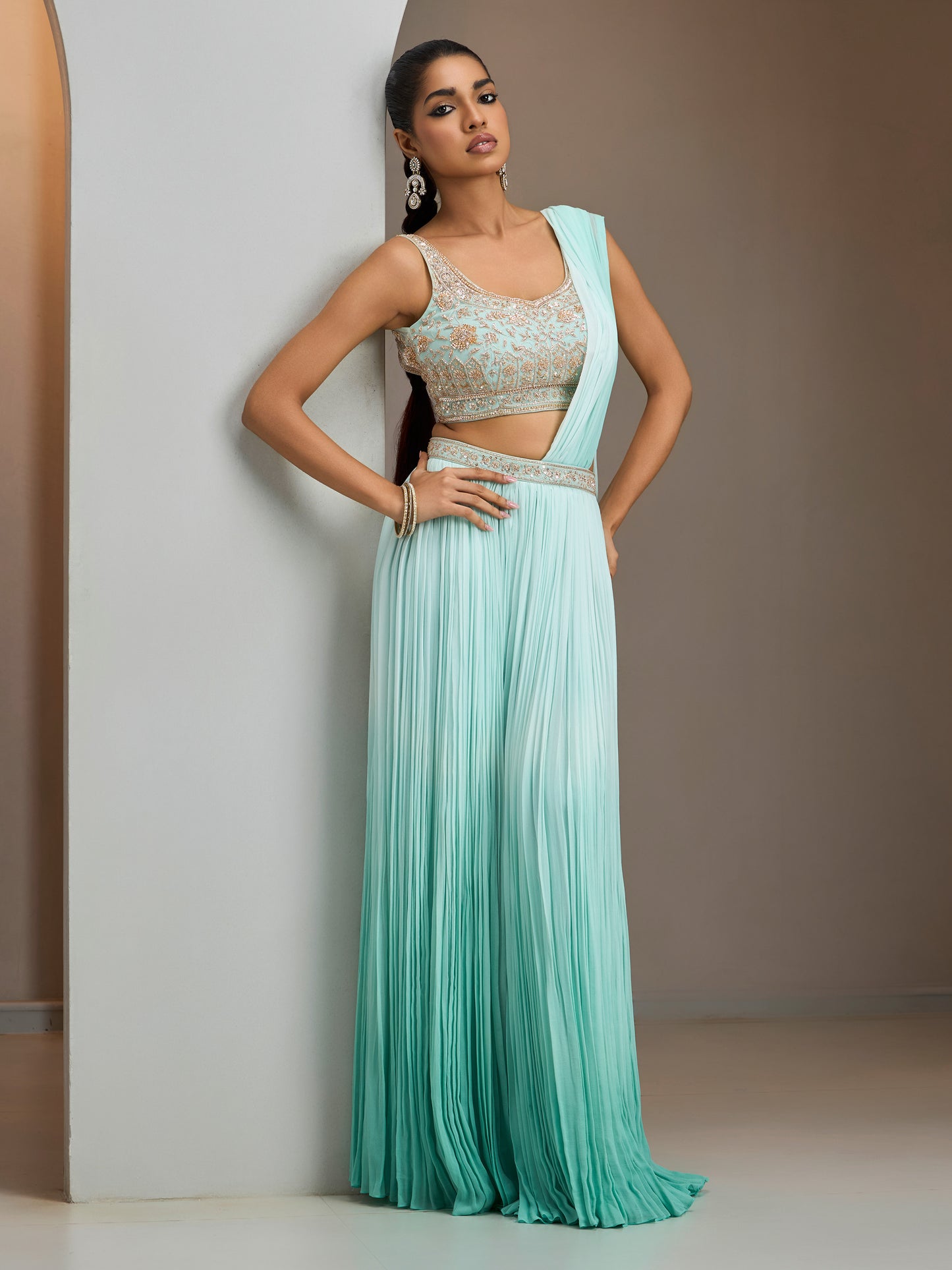 Green Ombre Blouse With Drape Saree