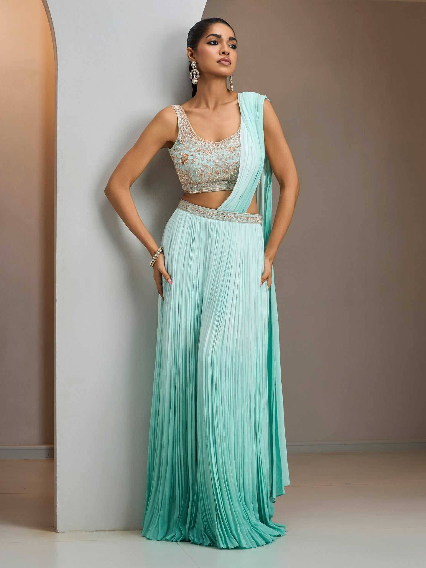 Green Ombre Blouse With Drape Saree