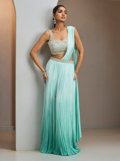 Green Ombre Blouse With Drape Saree