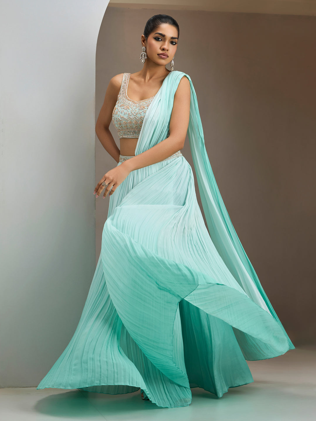 Green Ombre Blouse With Drape Saree