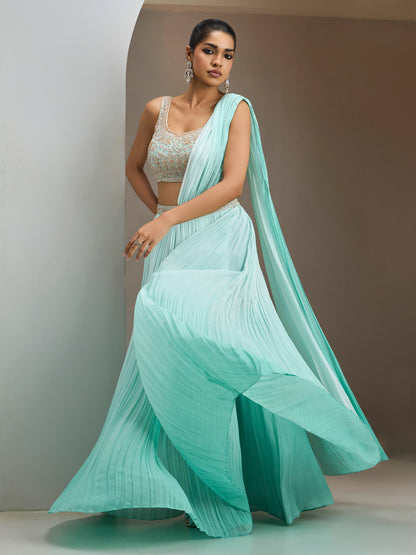 Green Ombre Blouse With Drape Saree