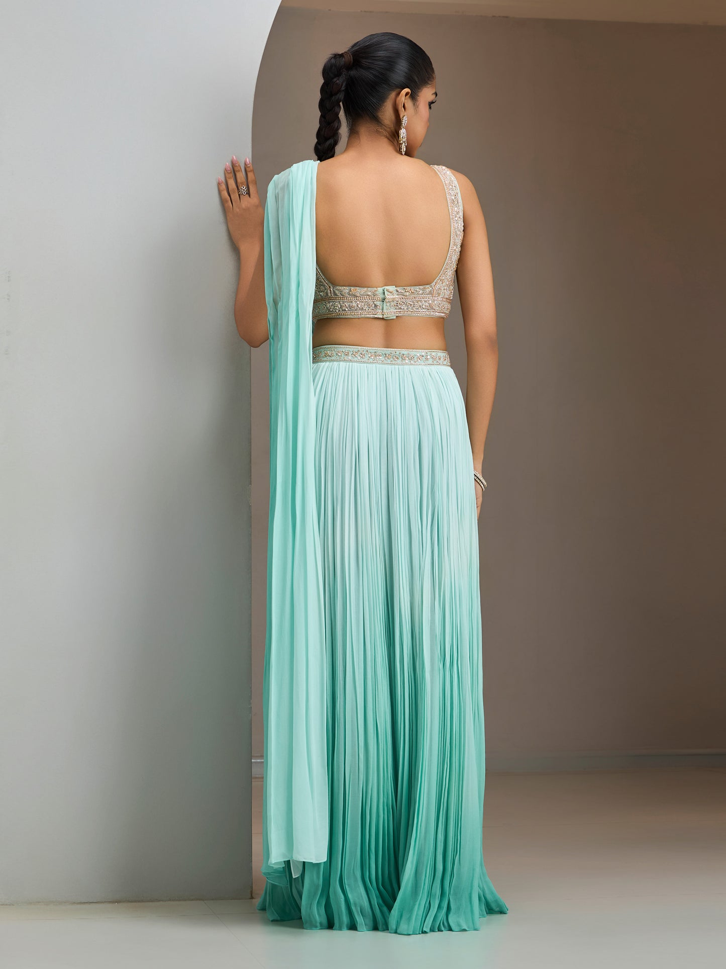 Green Ombre Blouse With Drape Saree