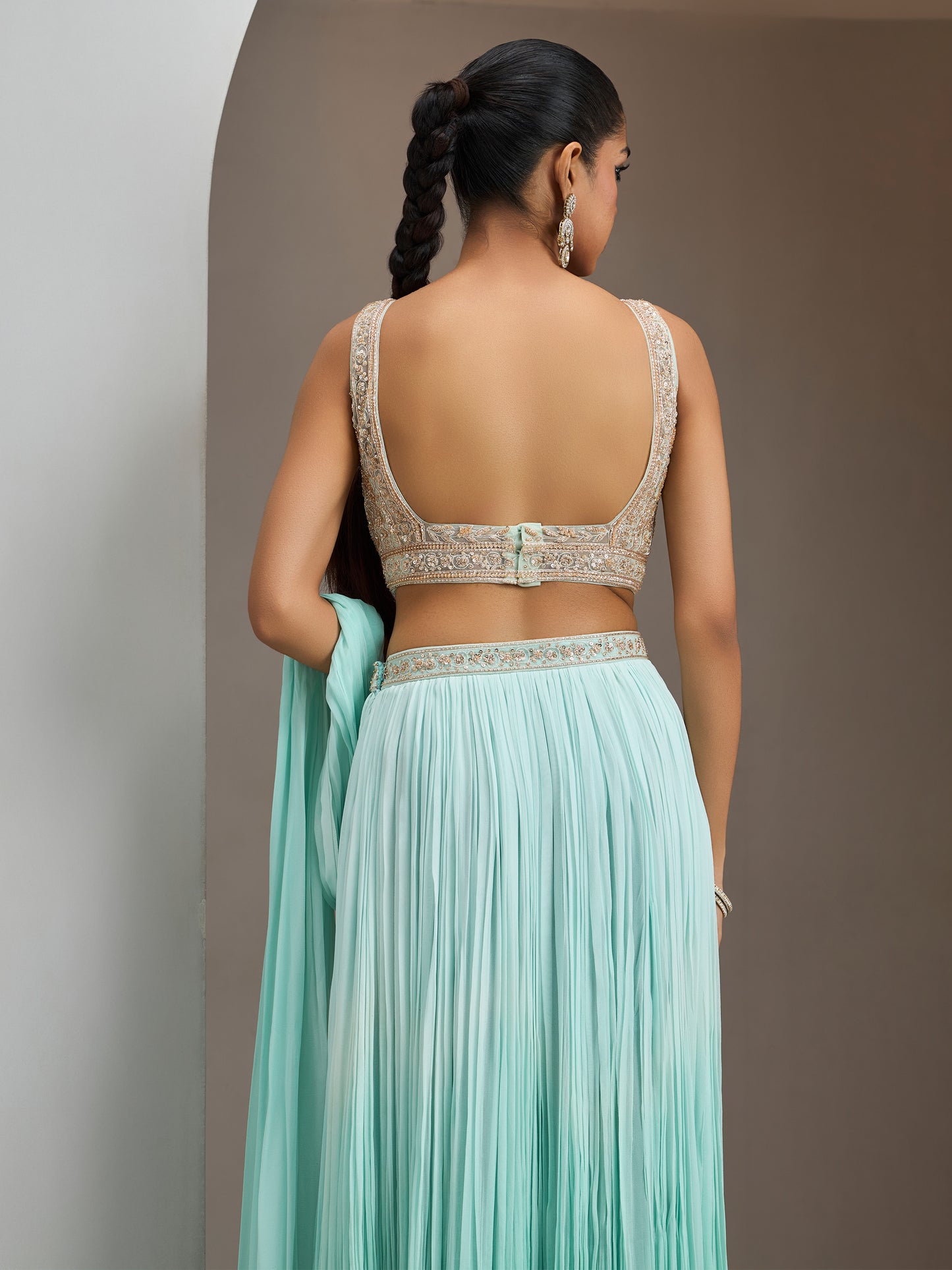 Green Ombre Blouse With Drape Saree