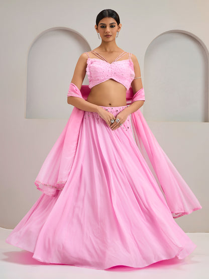 Lavender Pink Draped Organza Blouse With Lehanga And Dupatta