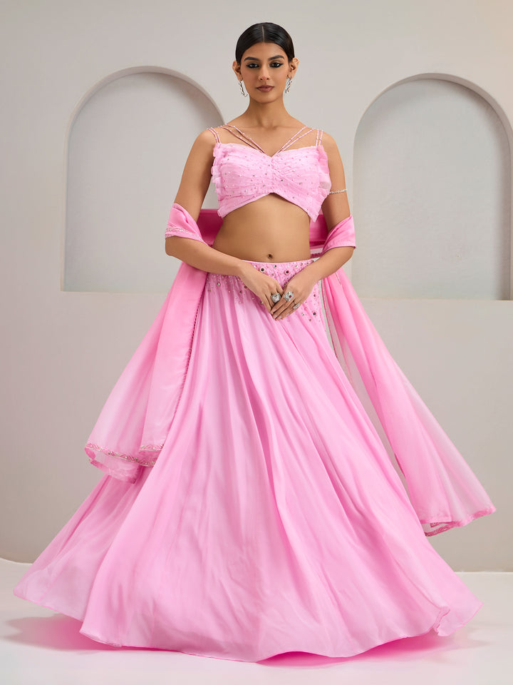 Lavender Pink Draped Organza Blouse With Lehanga And Dupatta
