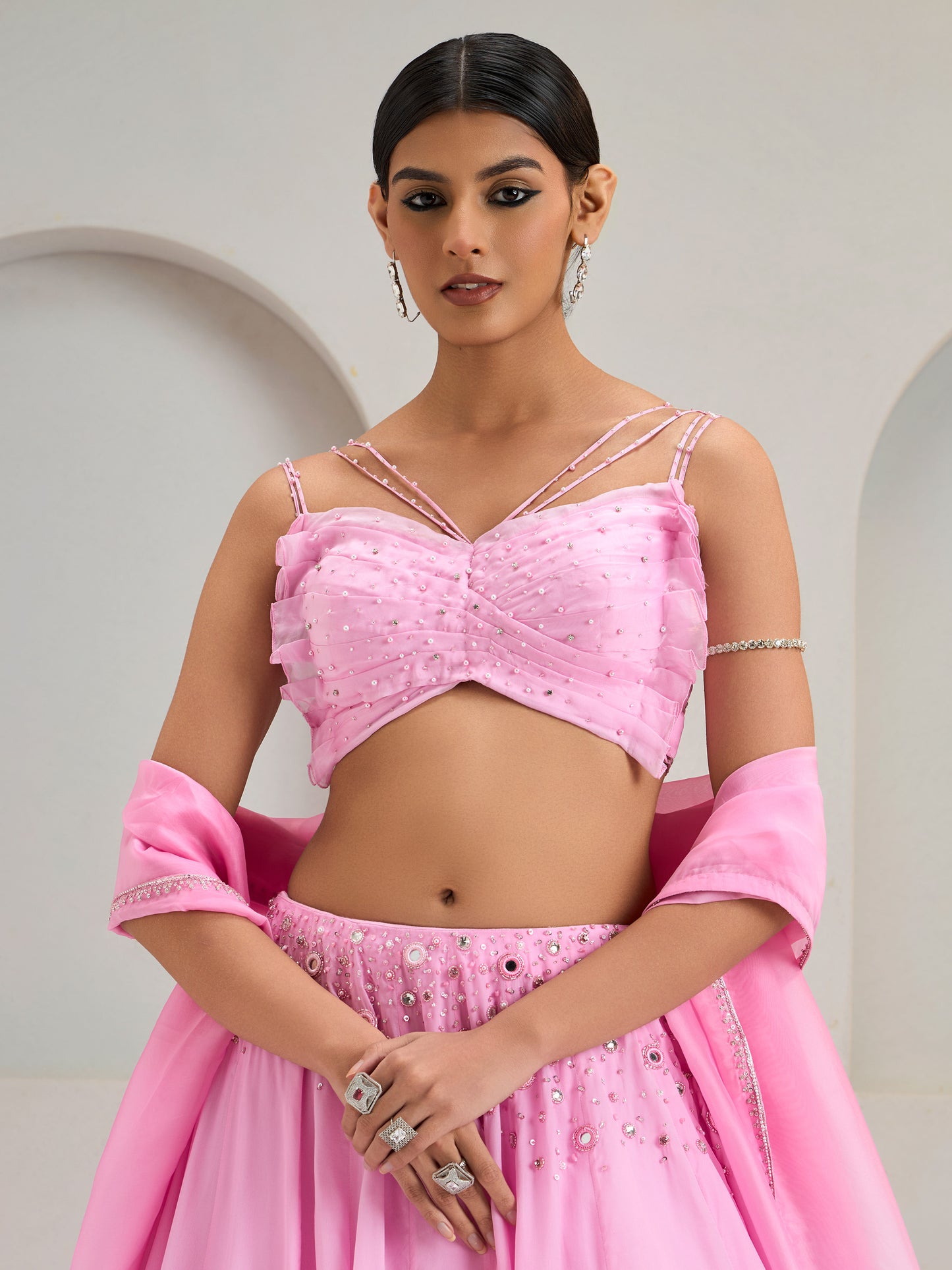 Lavender Pink Draped Organza Blouse With Lehanga And Dupatta
