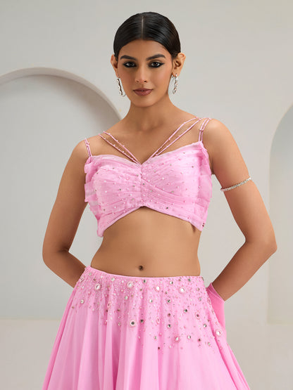 Lavender Pink Draped Organza Blouse With Lehanga And Dupatta