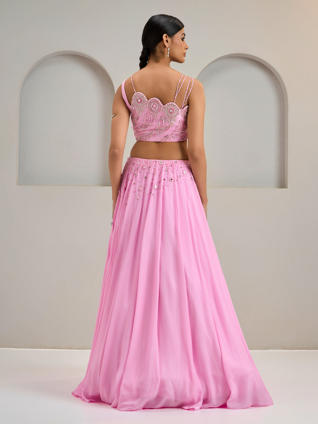 Lavender Pink Draped Organza Blouse With Lehanga And Dupatta