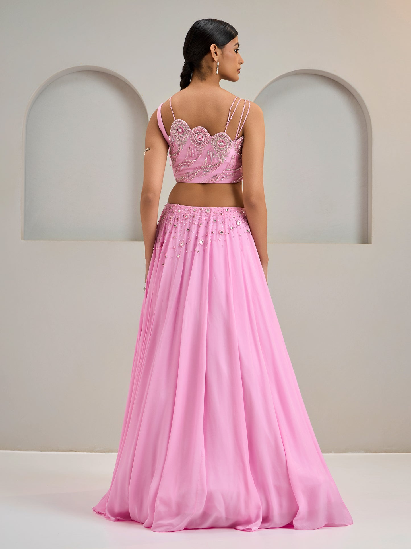 Lavender Pink Draped Organza Blouse With Lehanga And Dupatta